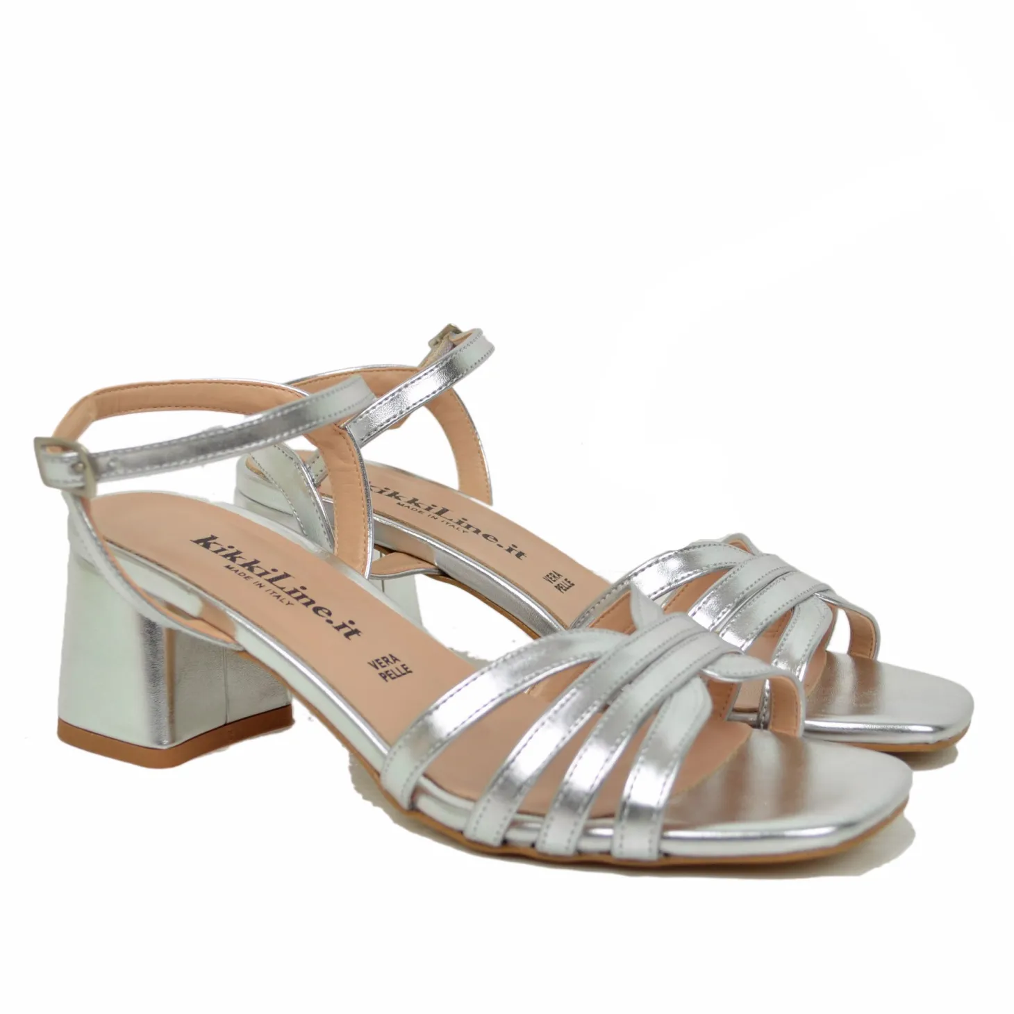 Medium Heel Sandals 5 cm Wide Fit Crossed Silver