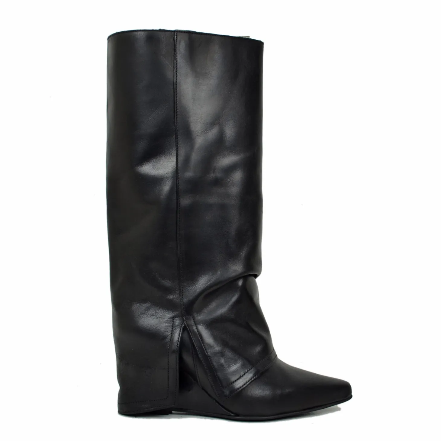 Medium Wedge Boots with Gaiter, 7 cm High, Black Leather, Elegant