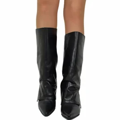 Medium Wedge Boots with Gaiter, 7 cm High, Black Leather, Elegant