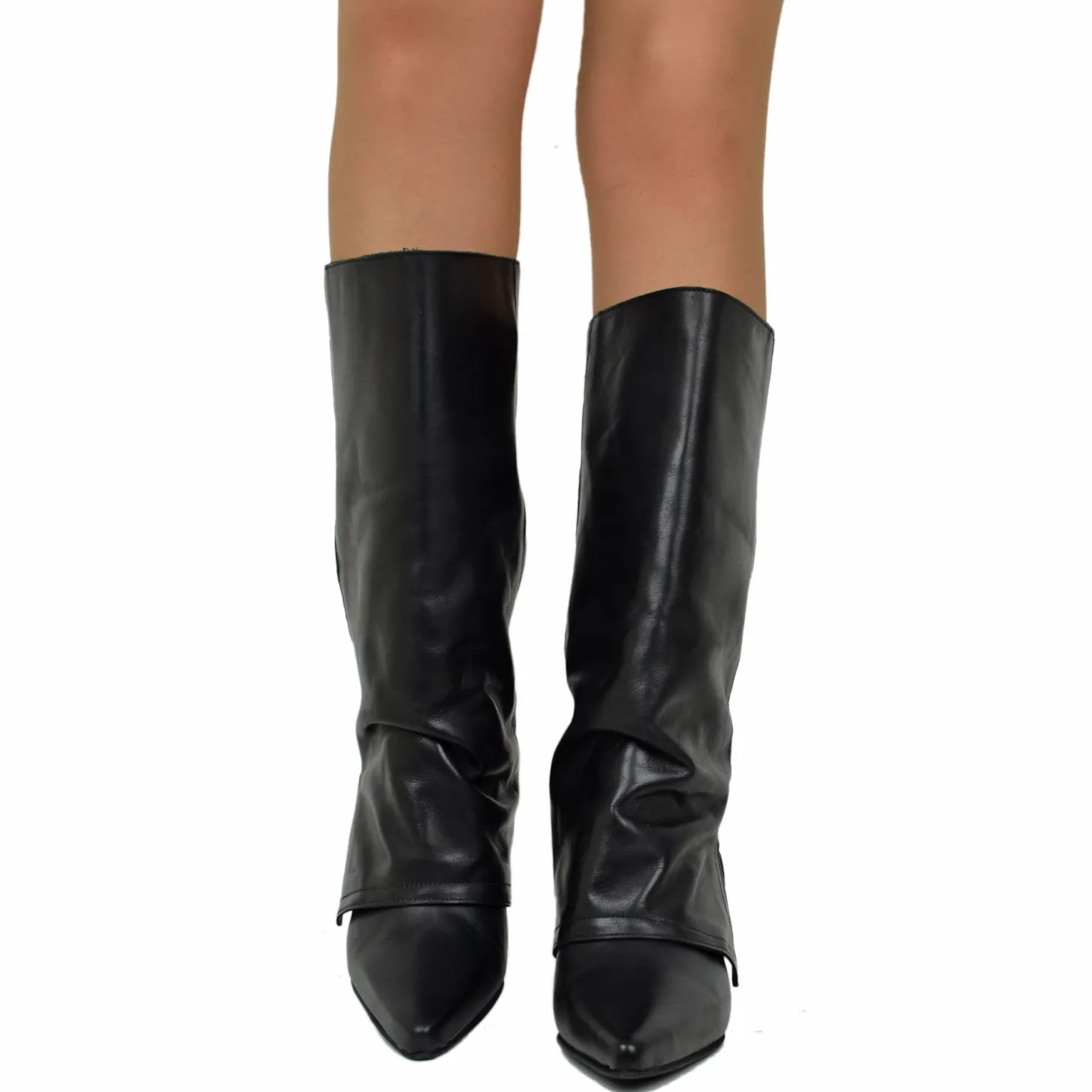 Medium Wedge Boots with Gaiter, 7 cm High, Black Leather, Elegant