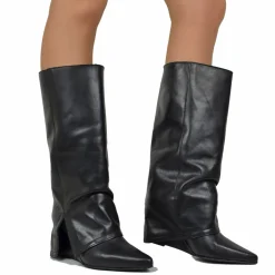 Medium Wedge Boots with Gaiter, 7 cm High, Black Leather, Elegant