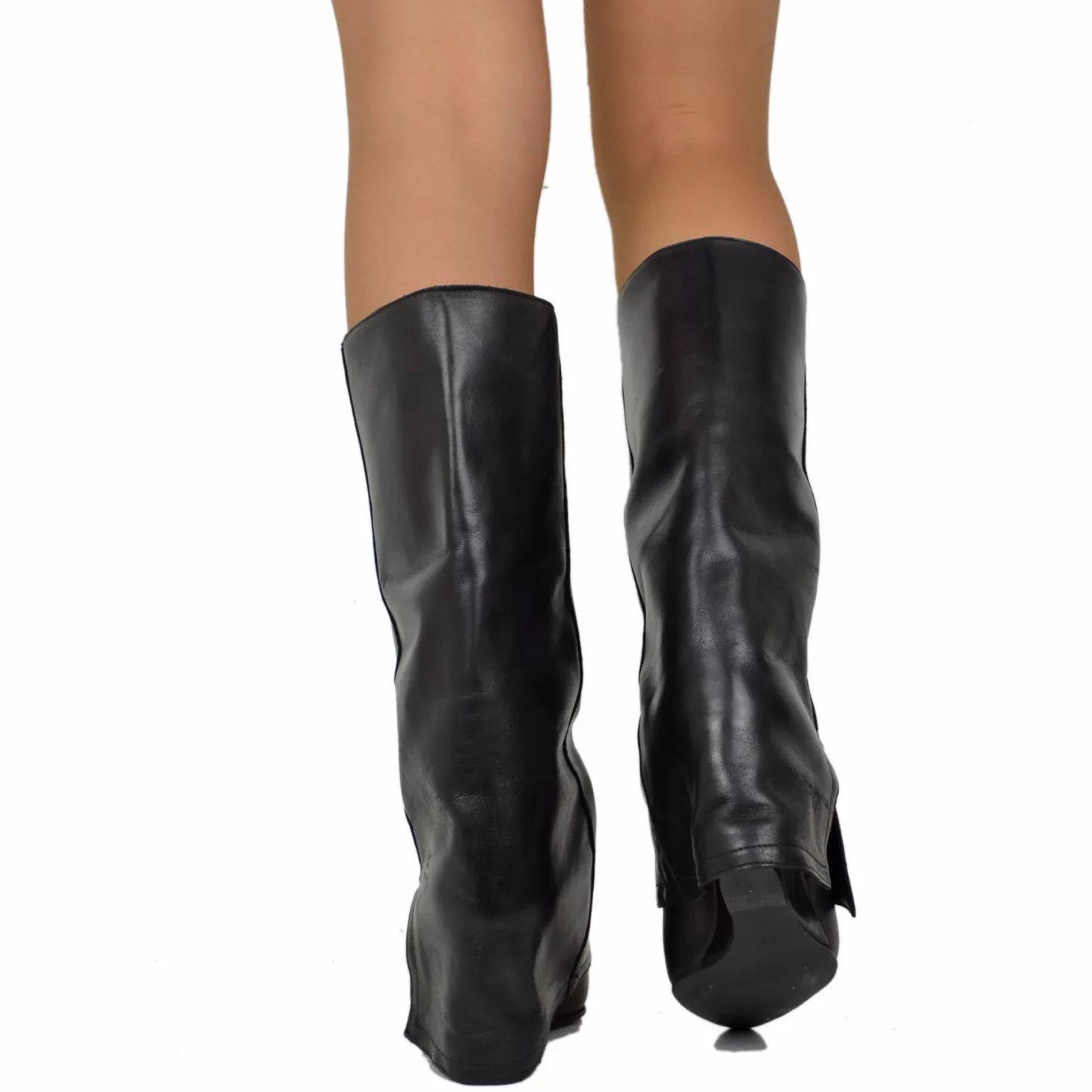 Medium Wedge Boots with Gaiter, 7 cm High, Black Leather, Elegant