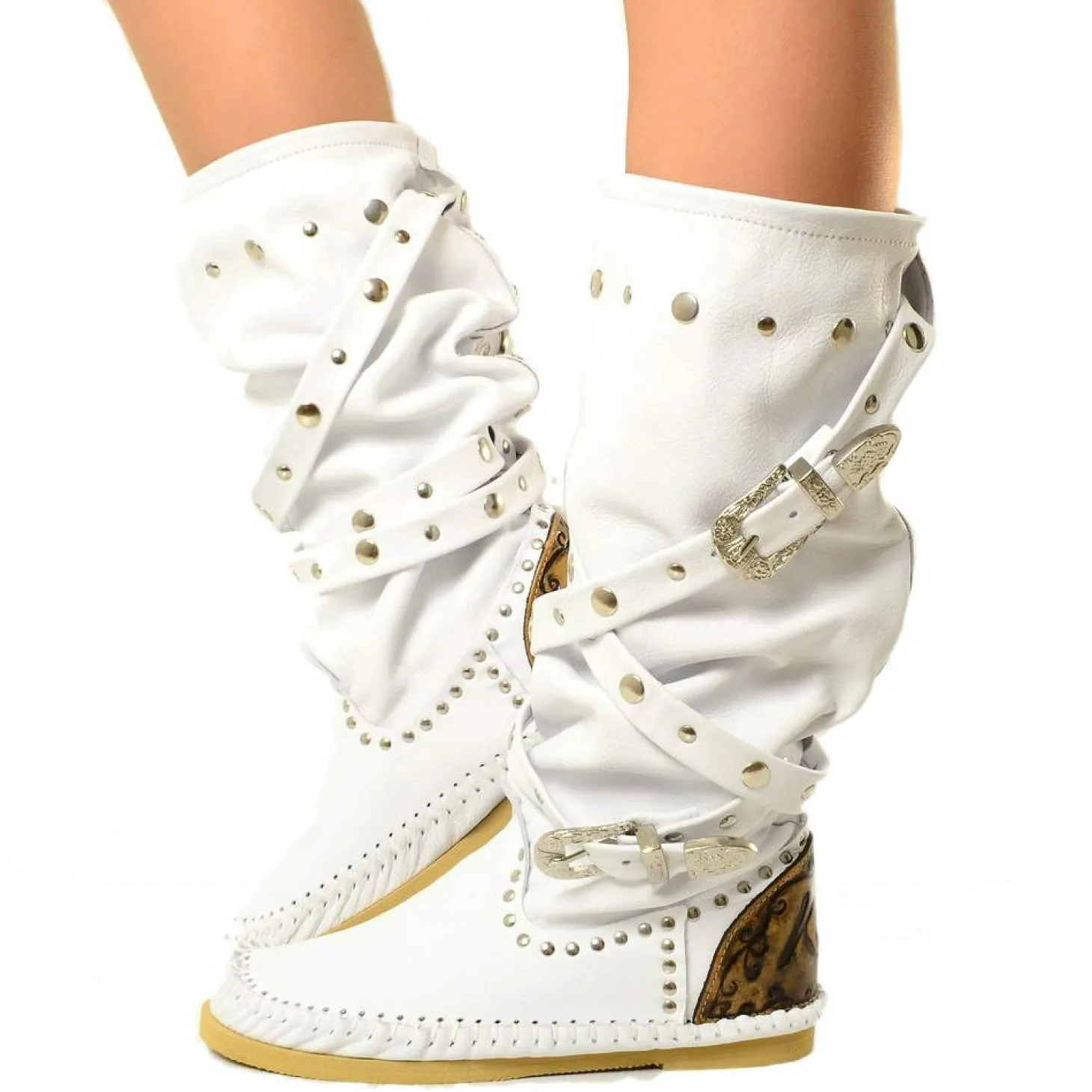 Native American Moccasin White Boots with Studs Made in Italy