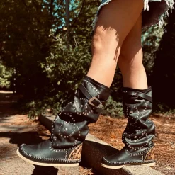 Native American Moccasin Boots Black Leather Made in Italy