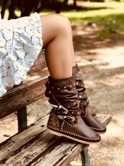 Native American Moccasin Boots Cocoa with Studs Made in Italy
