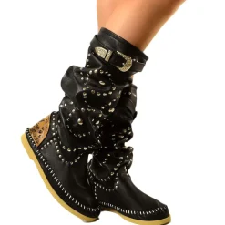 Native American Moccasin Boots Black Leather Made in Italy