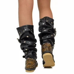 Native American Moccasin Boots Boho Black Leather with Studs Made in Italy