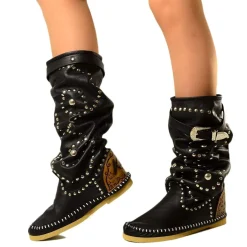 Native American Moccasin Boots Black Leather Made in Italy