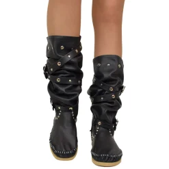 Native American Moccasin Boots Boho Black Leather with Studs Made in Italy