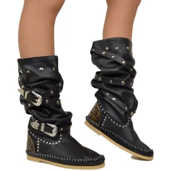 Native American Moccasin Boots Boho Black Leather with Studs Made in Italy