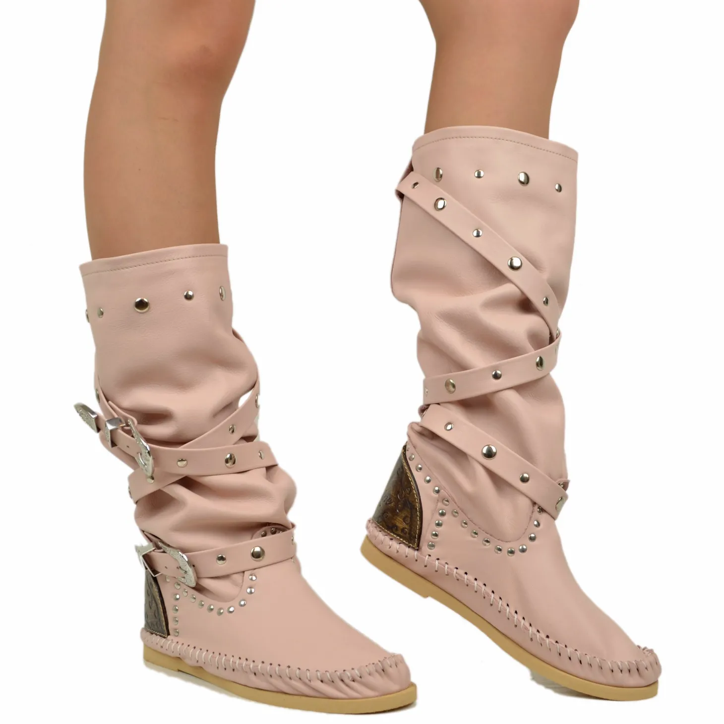 Native American Moccasin Boots Cipria Ibiza in Genuine Leather Made in Italy