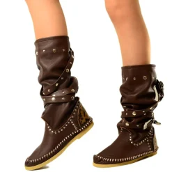 Native American Moccasin Boots Cocoa with Studs Made in Italy