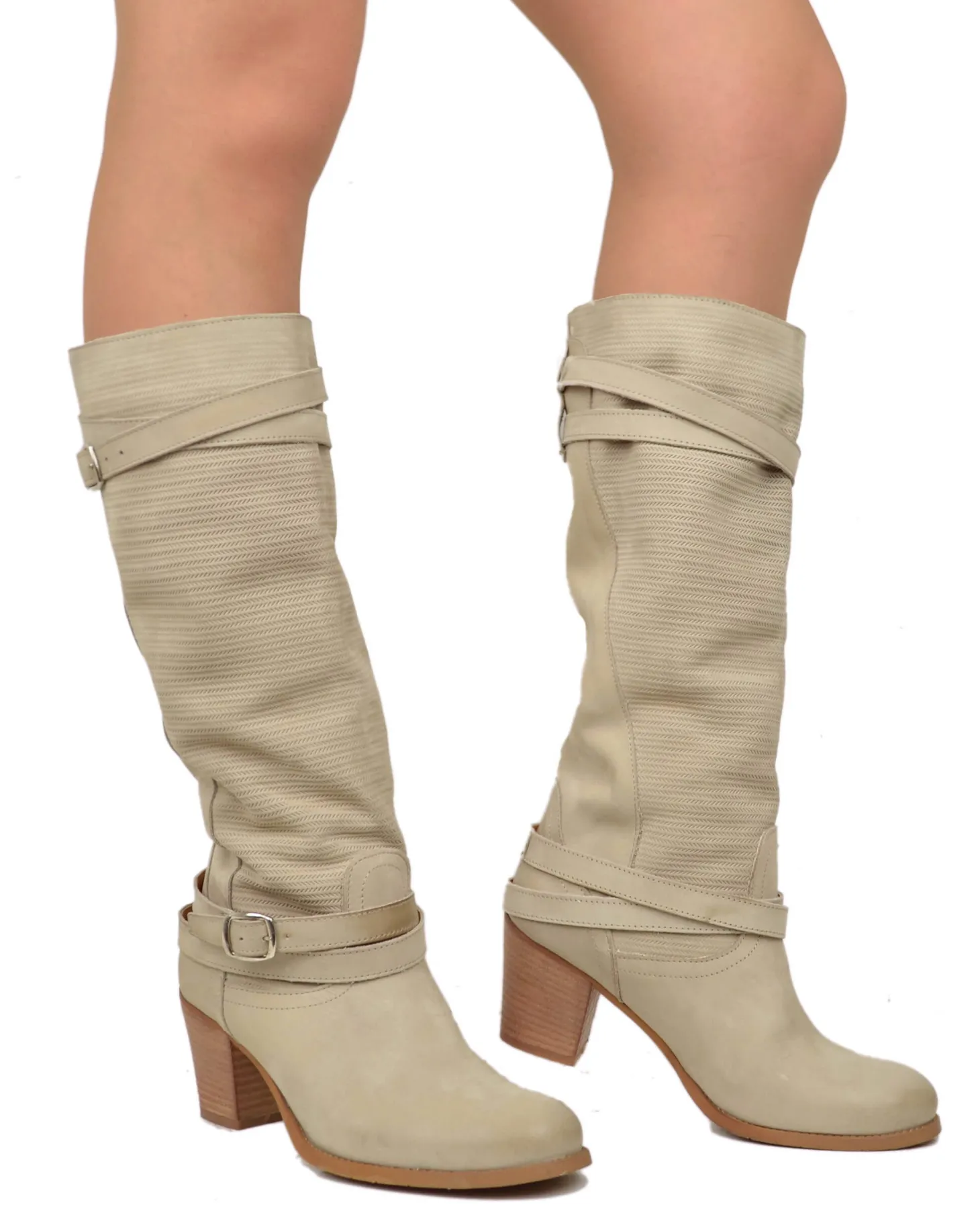 Nubuck Leather Boots – Mid Heel, Sand, Made in Italy