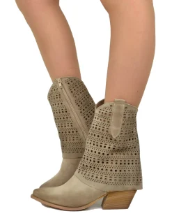 Perforated Cuff Suede Cowboy Boots – 6 cm Heel, Taupe