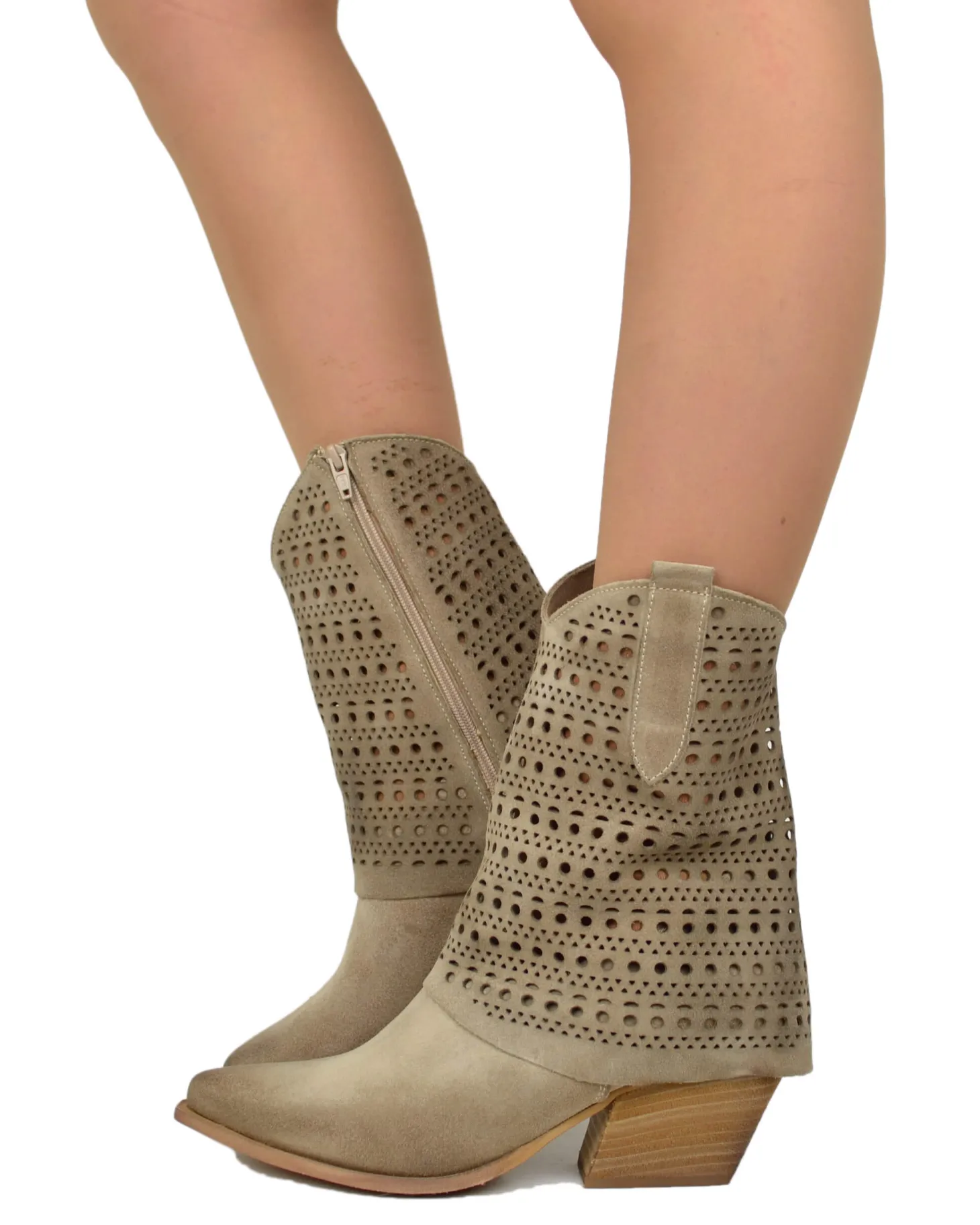 Perforated Cuff Suede Cowboy Boots – 6 cm Heel, Taupe