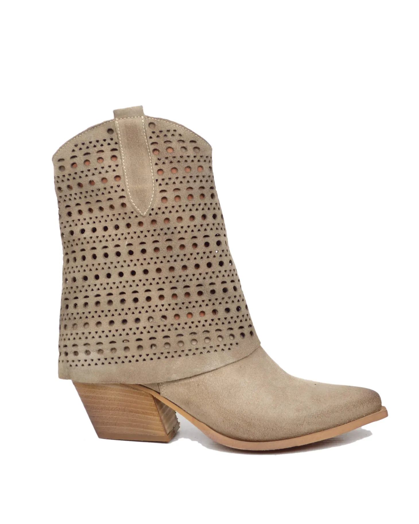 Perforated Cuff Suede Cowboy Boots – 6 cm Heel, Taupe