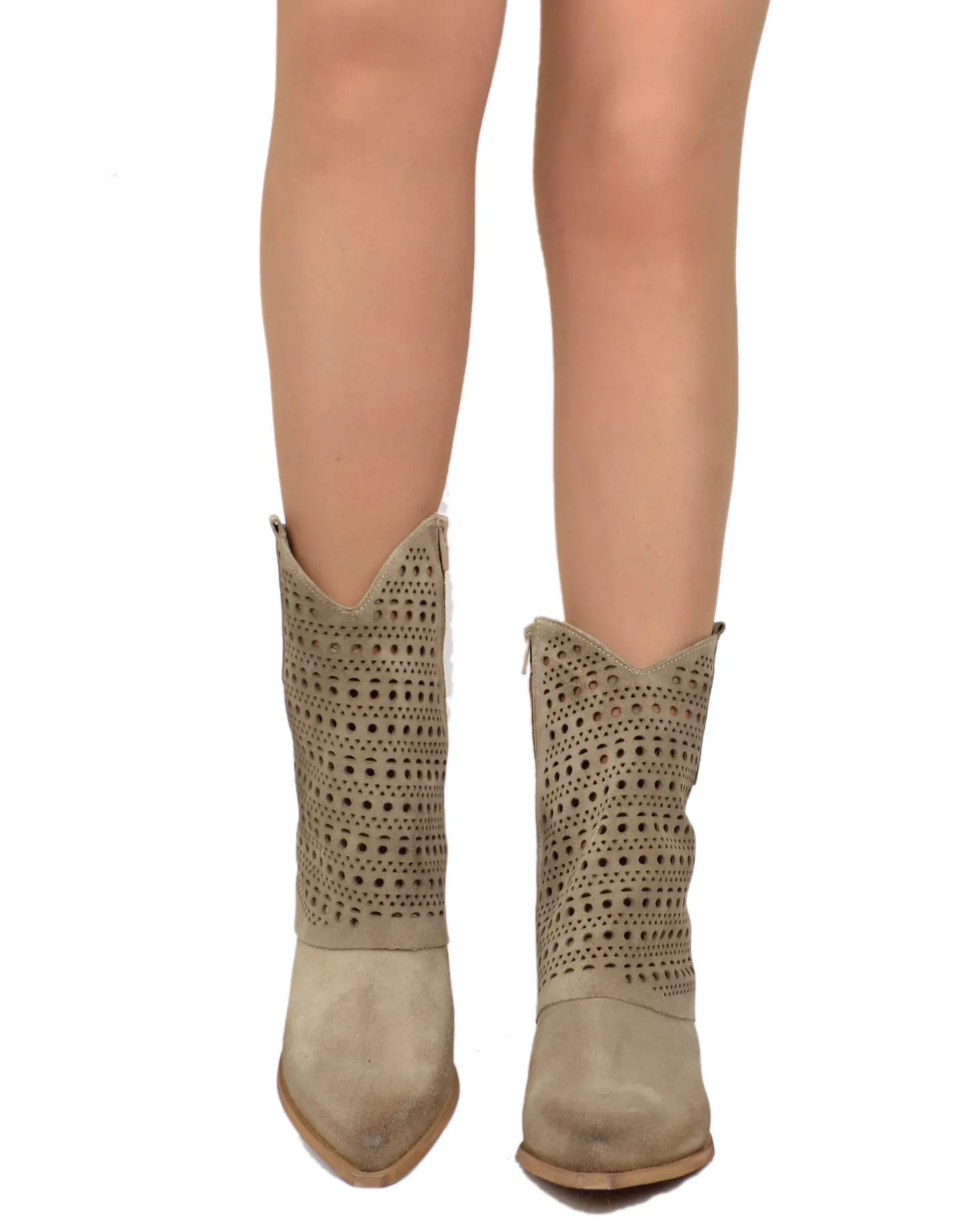 Perforated Cuff Suede Cowboy Boots – 6 cm Heel, Taupe