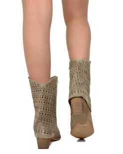 Perforated Cuff Suede Cowboy Boots – 6 cm Heel, Taupe