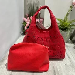 Perforated Faux Leather Bag with Purse and Shoulder Strap Included Ins
