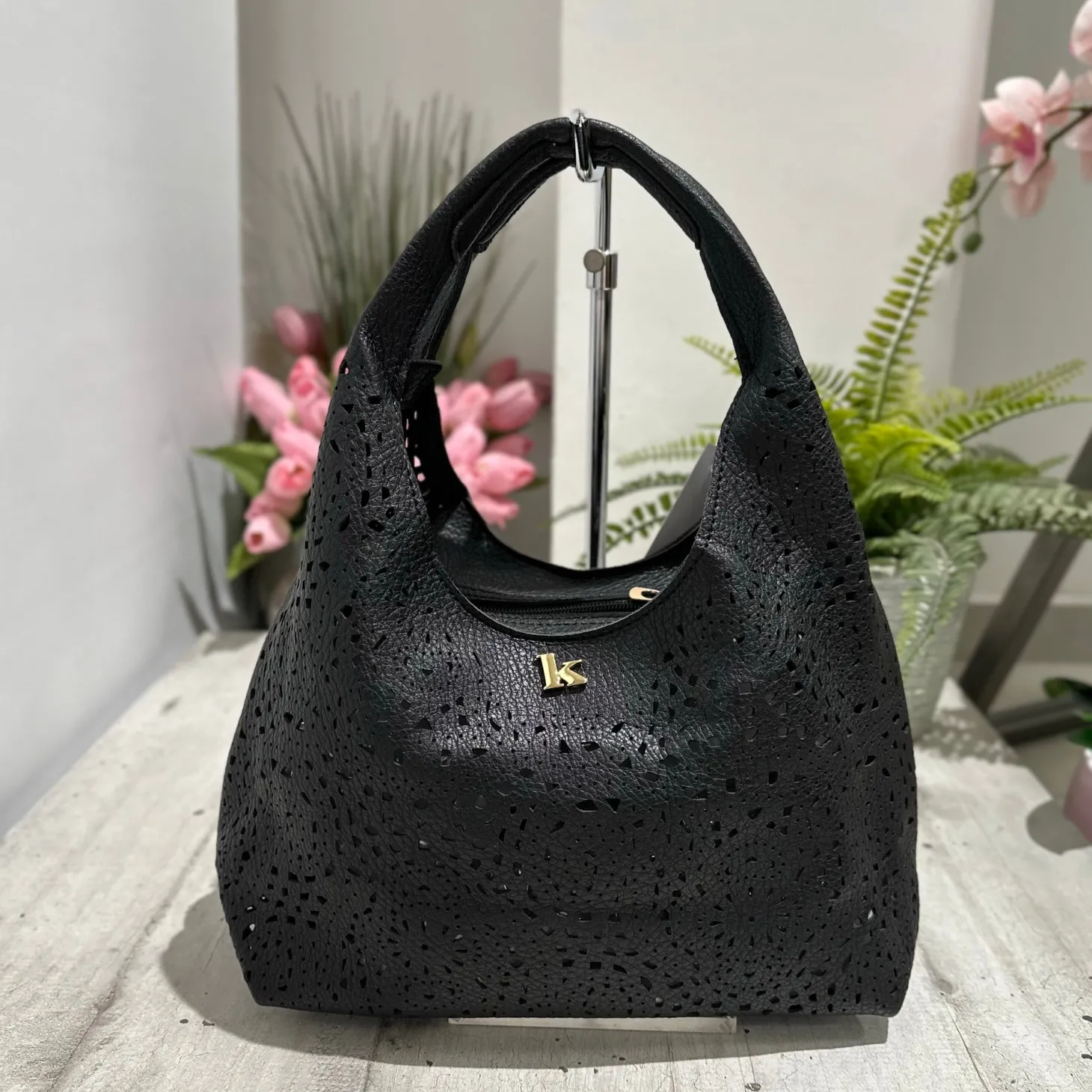 Perforated Faux Leather Bag with Purse and Shoulder Strap Included Ins