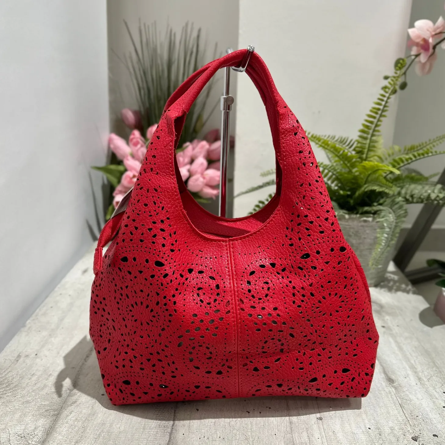 Perforated Faux Leather Bag with Purse and Shoulder Strap Included Ins