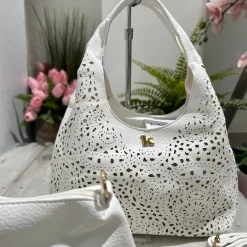 Perforated Faux Leather Bag with Purse and Shoulder Strap Included Ins