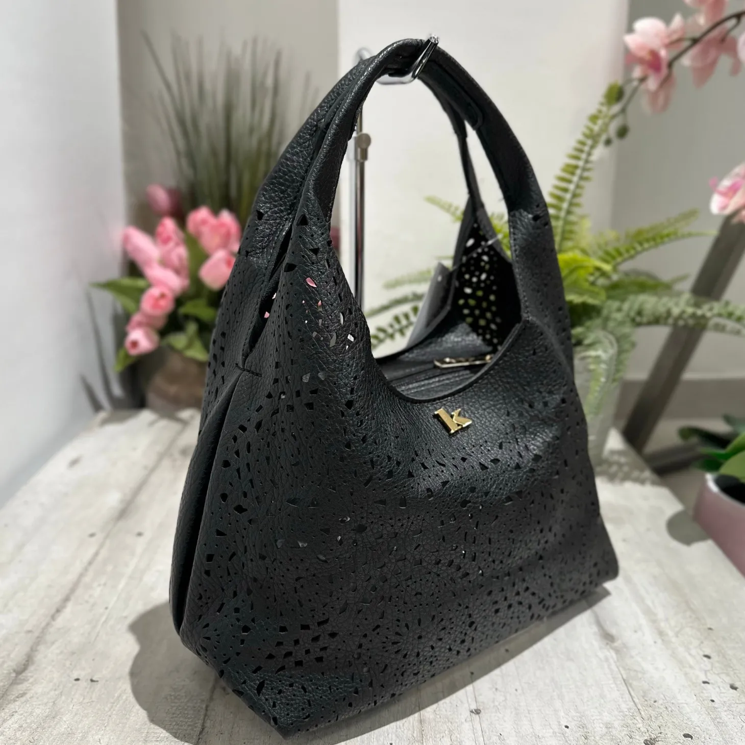 Perforated Faux Leather Bag with Purse and Shoulder Strap Included Ins