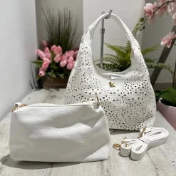 Perforated Faux Leather Bag with Purse and Shoulder Strap Included Ins
