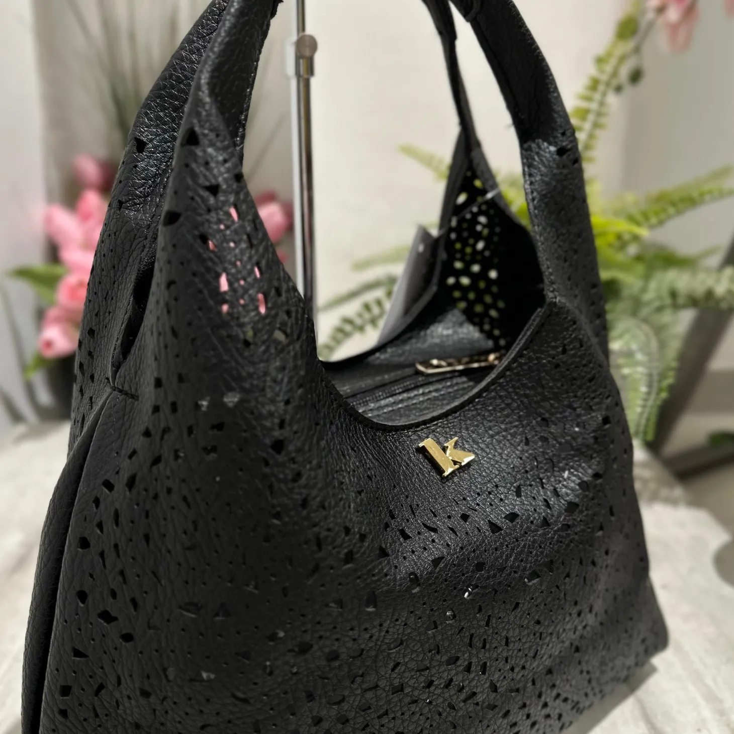 Perforated Faux Leather Bag with Purse and Shoulder Strap Included Ins
