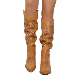 Perforated High Cowboy Boots – Printed Embroidery, 7 cm Heel