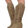Perforated Honeycomb Cowboy Boots – Wide Fit, Suede Taupe