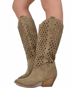Perforated Honeycomb Cowboy Boots – Wide Fit, Suede Taupe