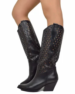 Perforated Honeycomb Cowboy Boots – Wide Fit, Black Leather