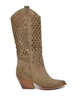 Perforated Honeycomb Cowboy Boots – Wide Fit, Suede Taupe