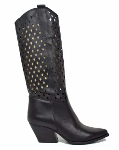 Perforated Honeycomb Cowboy Boots – Wide Fit, Black Leather