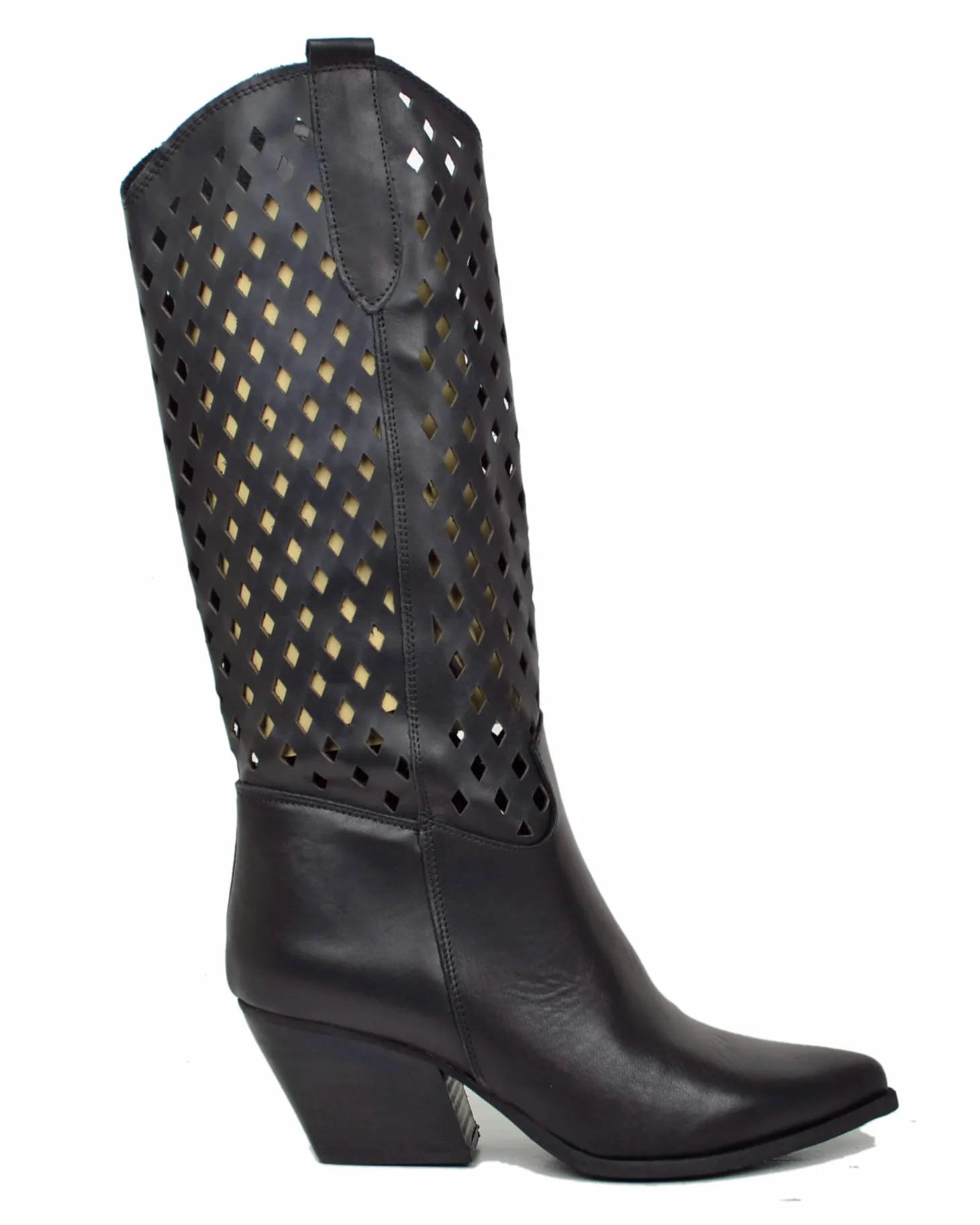 Perforated Honeycomb Cowboy Boots – Wide Fit, Black Leather