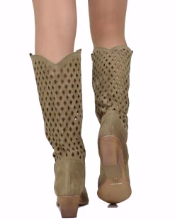 Perforated Honeycomb Cowboy Boots – Wide Fit, Suede Taupe