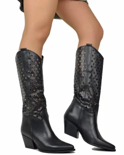 Perforated Honeycomb Cowboy Boots – Wide Fit, Black Leather