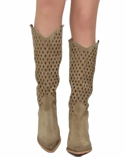 Perforated Honeycomb Cowboy Boots – Wide Fit, Suede Taupe