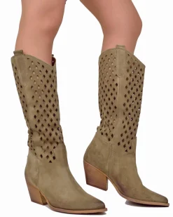 Perforated Honeycomb Cowboy Boots – Wide Fit, Suede Taupe