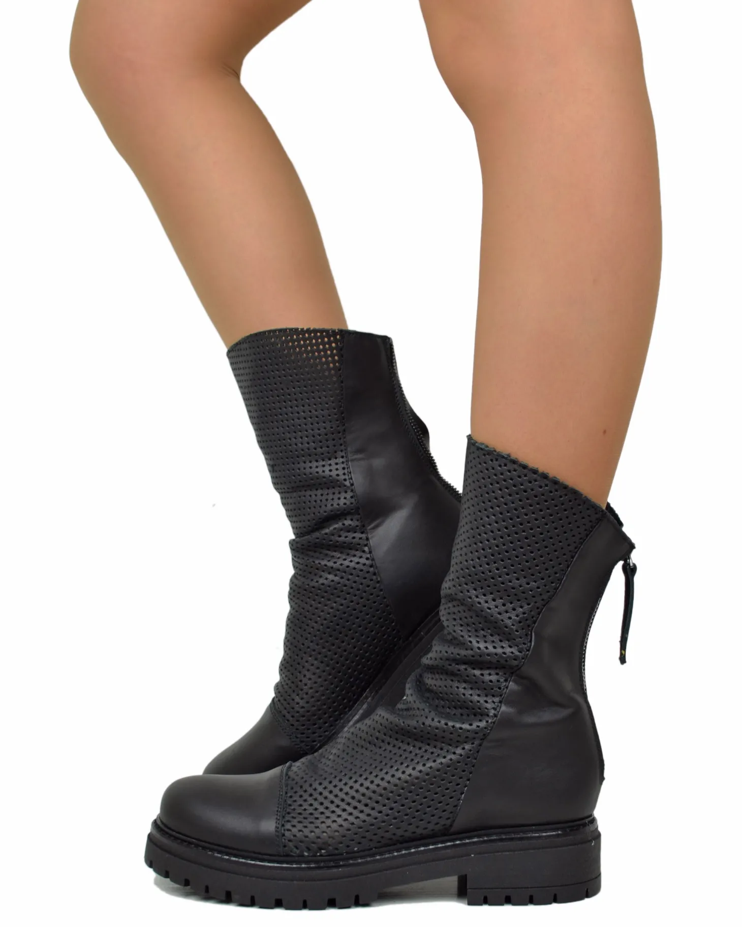 Perforated Summer Biker Boots with Back Zipper – Black Leather