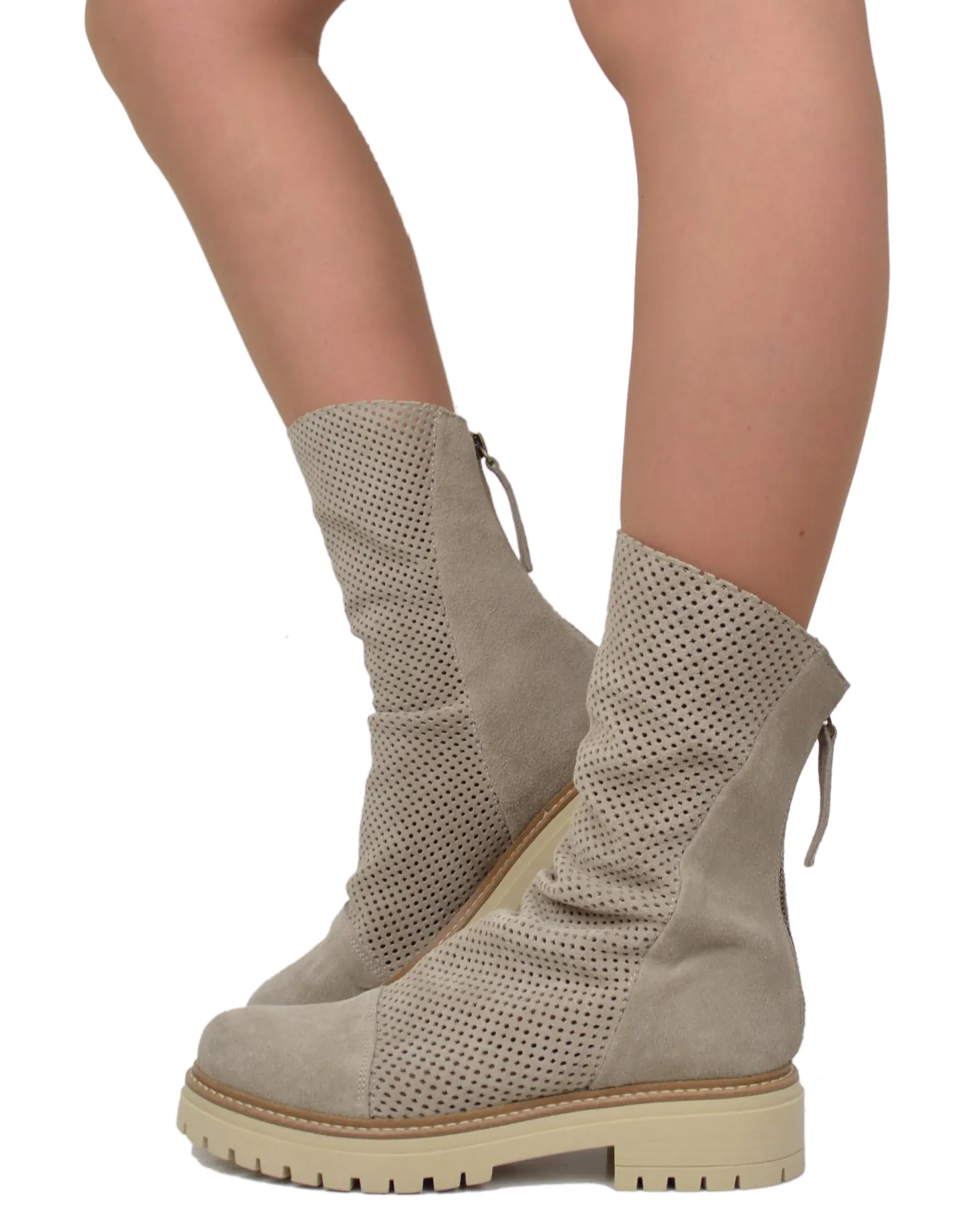 Perforated Summer Biker Boots with Back Zip, Slim Fit at Ankle, Beige