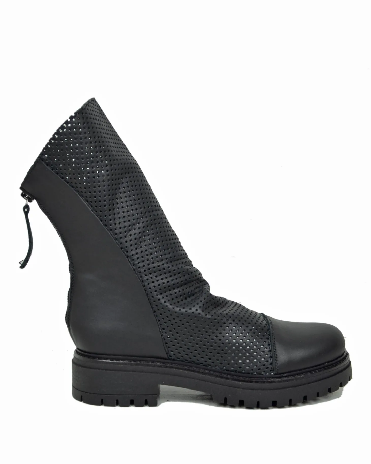 Perforated Summer Biker Boots with Back Zipper – Black Leather