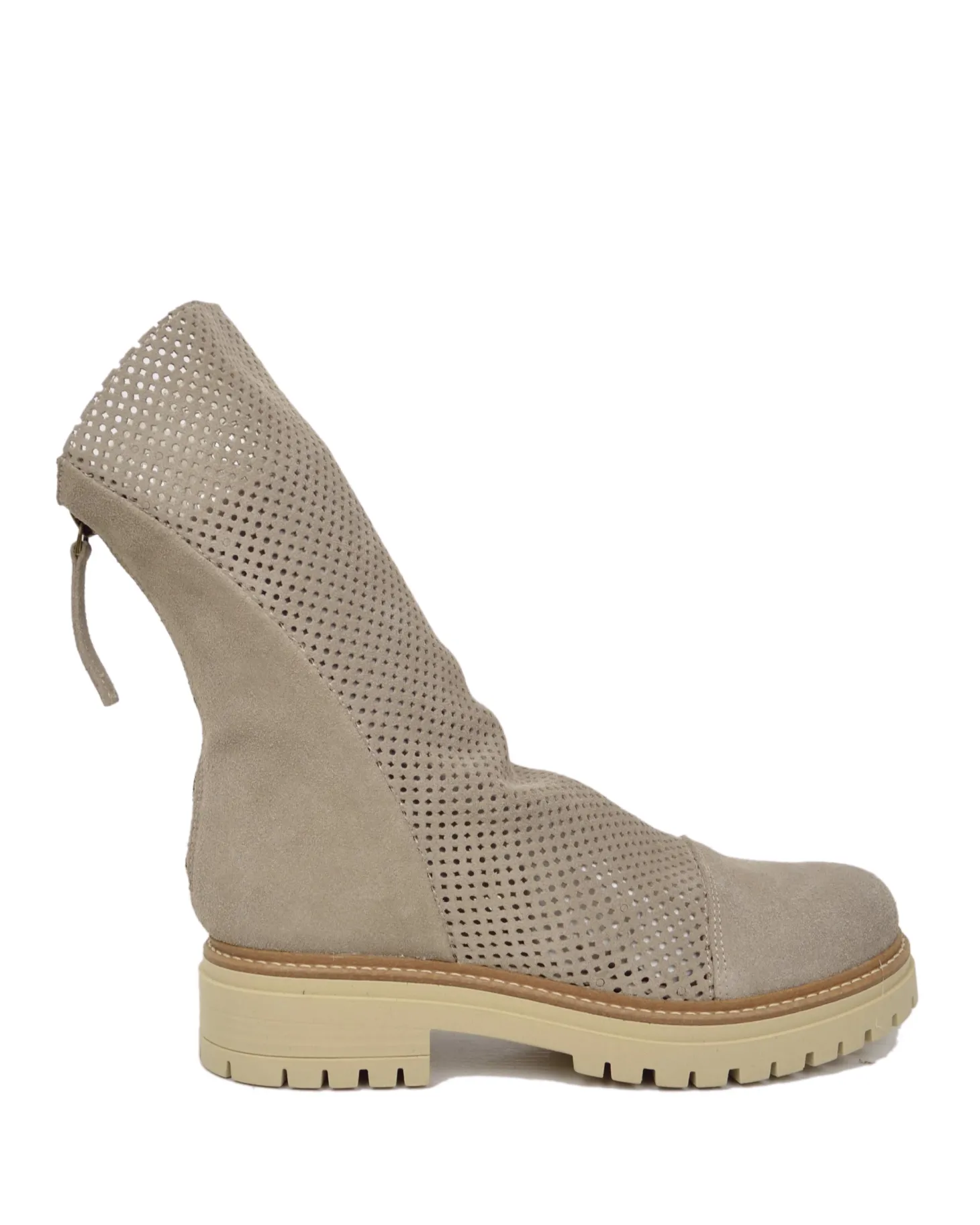 Perforated Summer Biker Boots with Back Zip, Slim Fit at Ankle, Beige