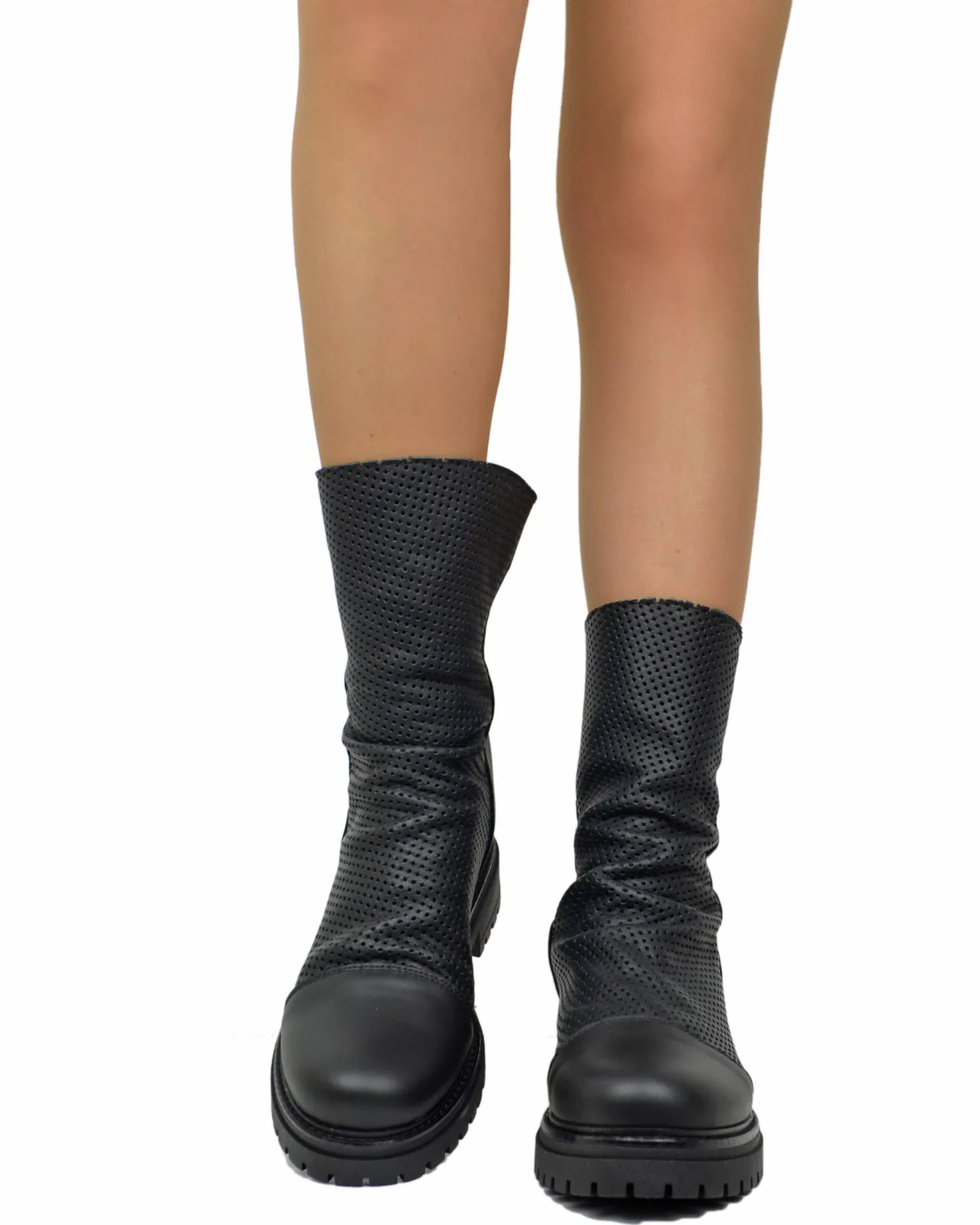 Perforated Summer Biker Boots with Back Zipper – Black Leather