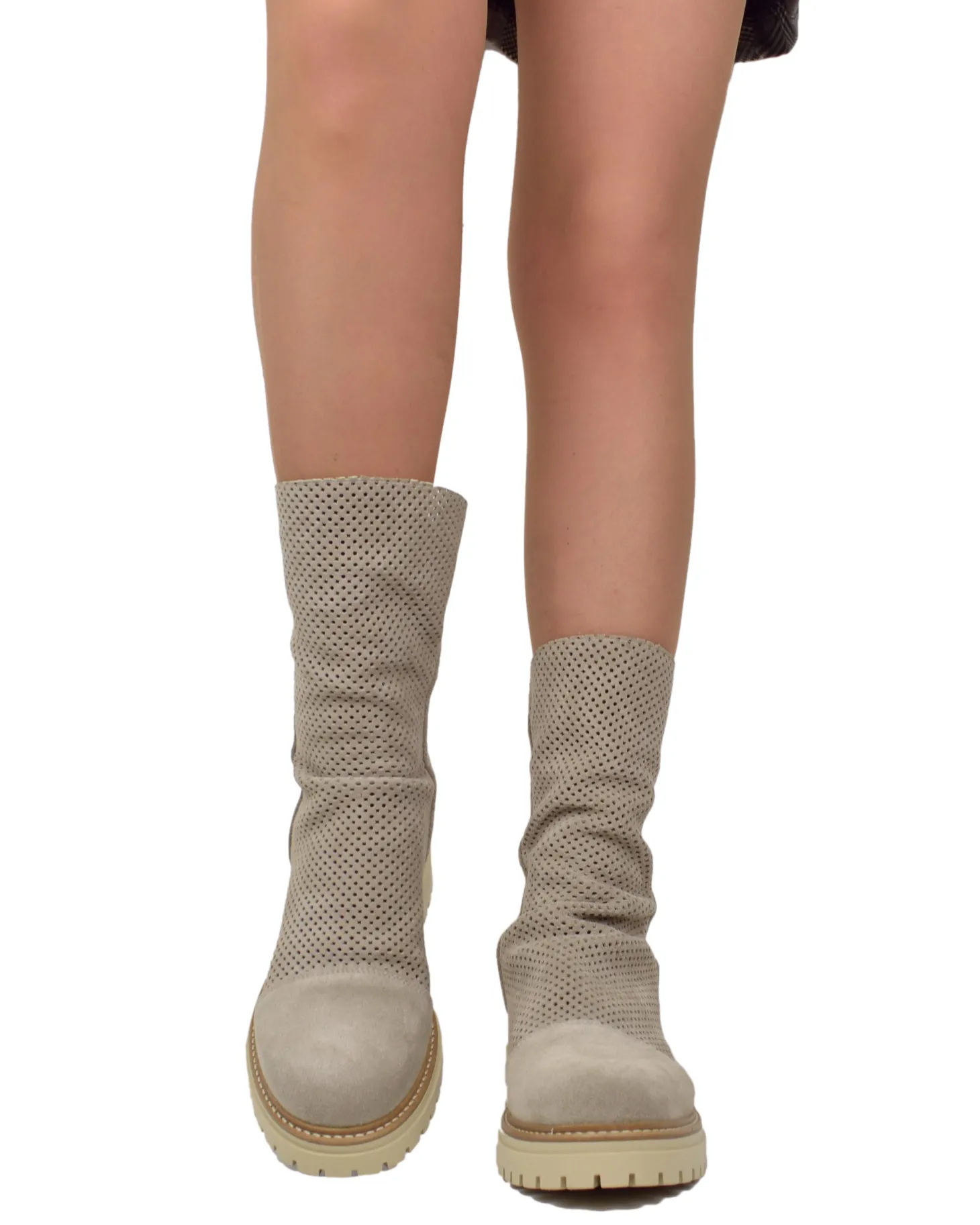 Perforated Summer Biker Boots with Back Zip, Slim Fit at Ankle, Beige