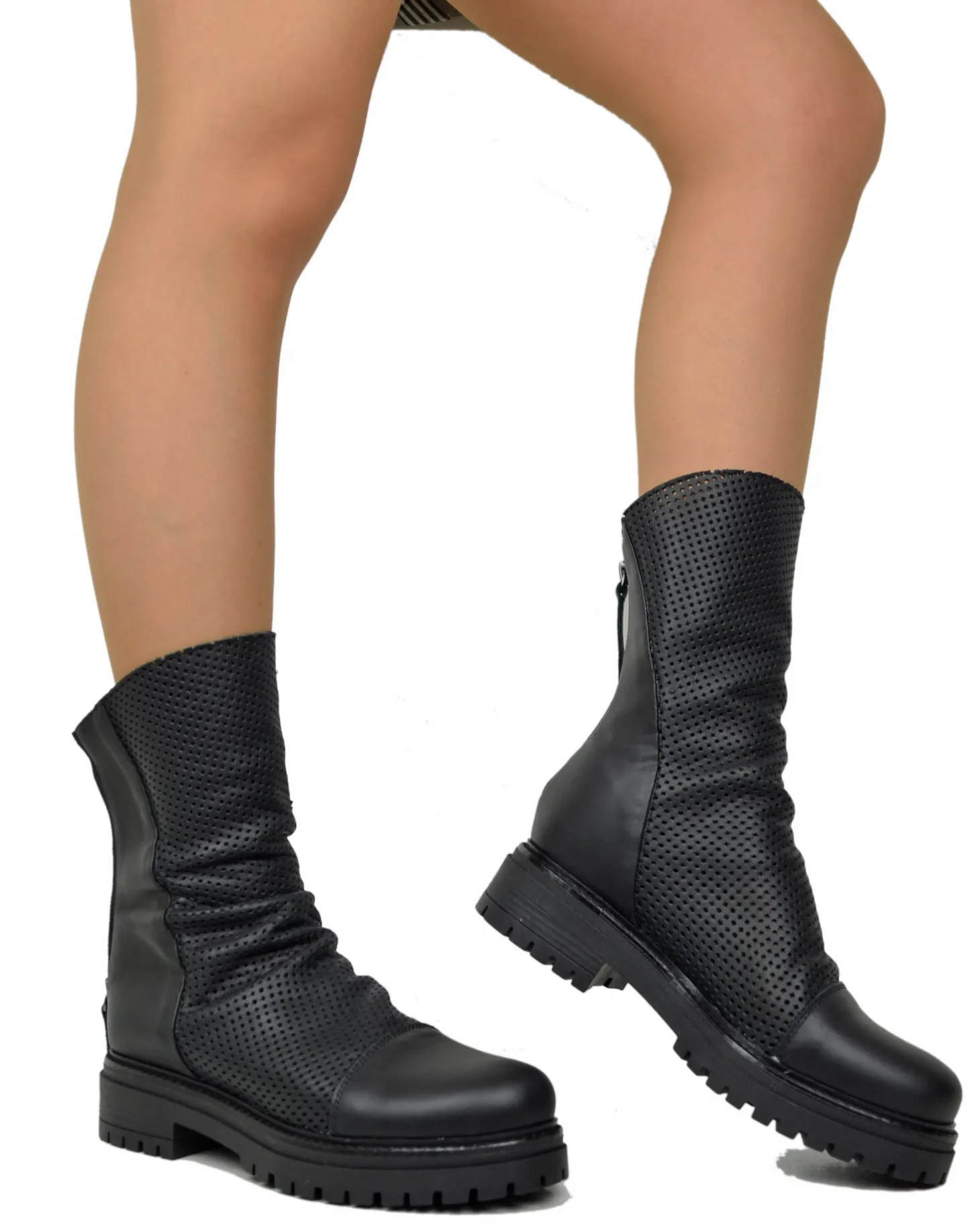 Perforated Summer Biker Boots with Back Zipper – Black Leather