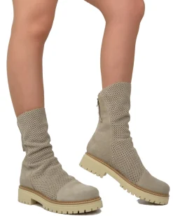 Perforated Summer Biker Boots with Back Zip, Slim Fit at Ankle, Beige