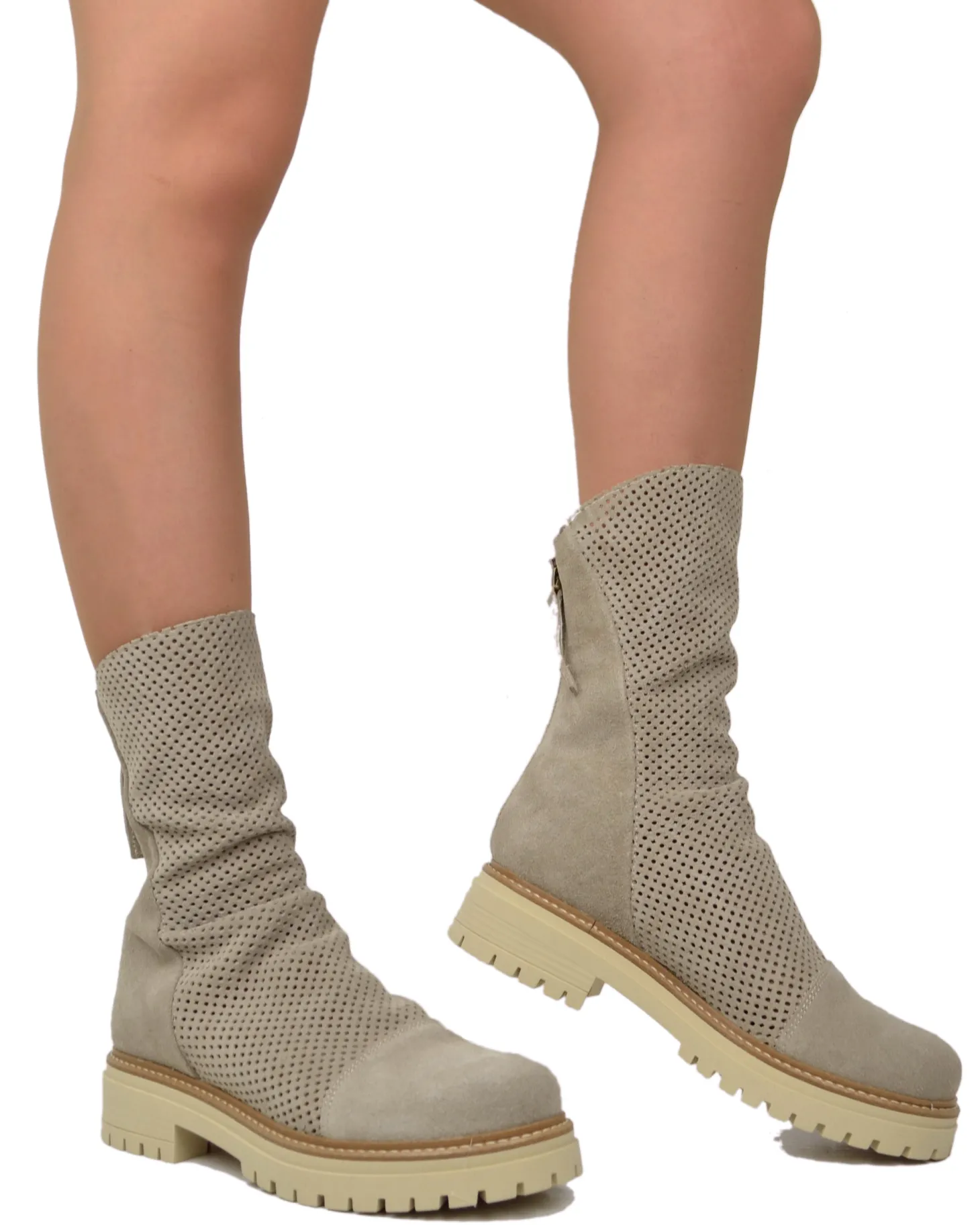 Perforated Summer Biker Boots with Back Zip, Slim Fit at Ankle, Beige