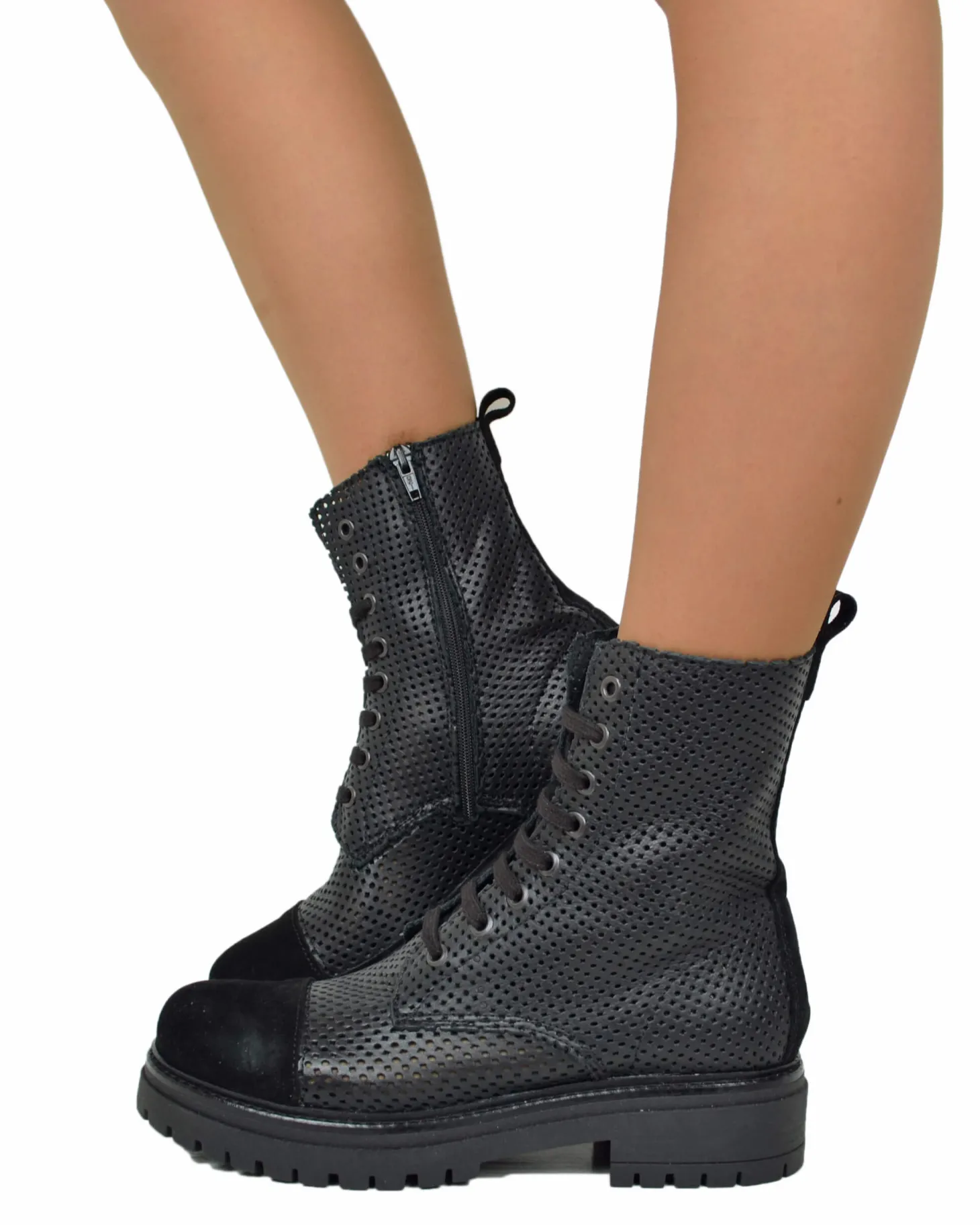 Perforated Summer Combat Boots – Genuine Leather, Suede Toe, Light Lug